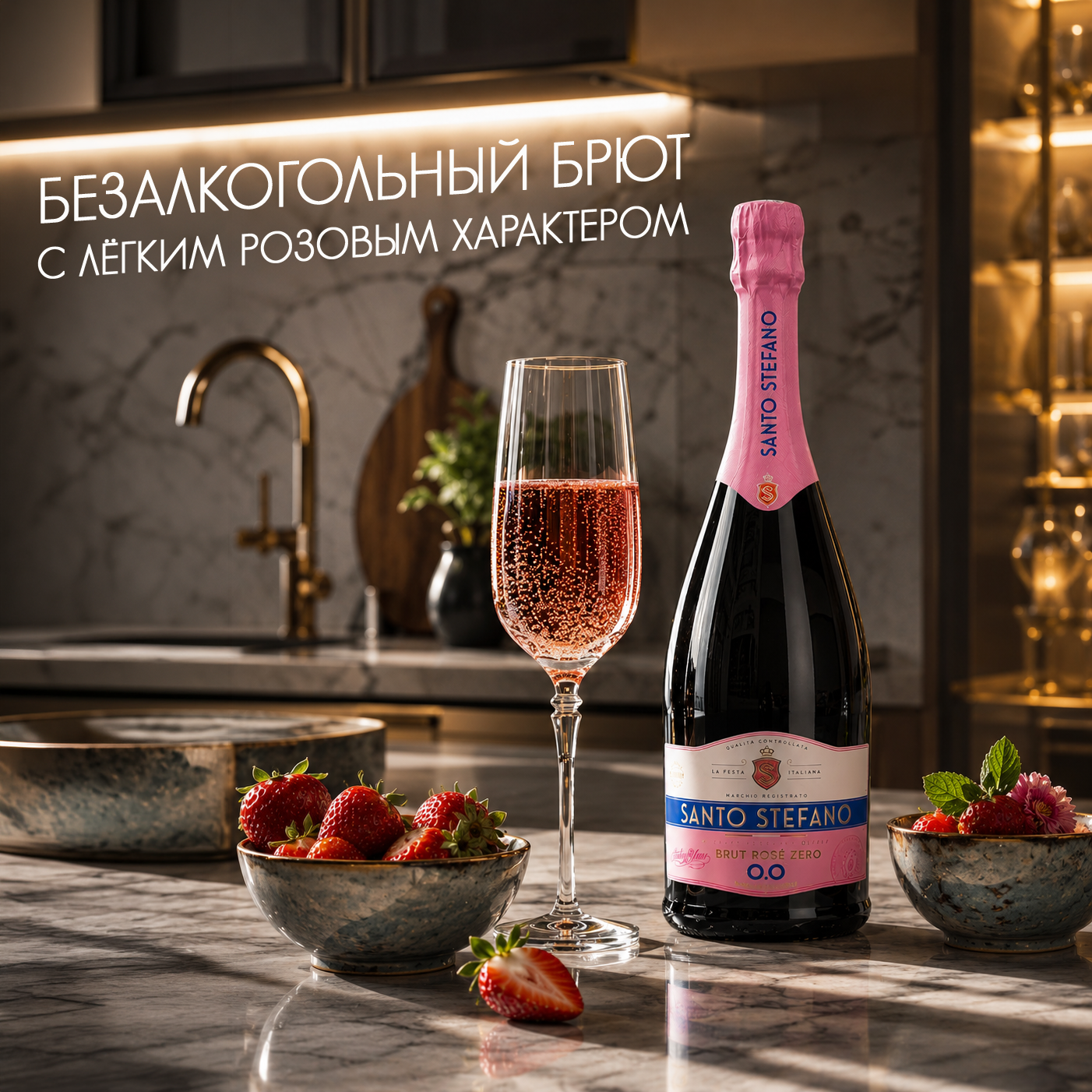 Лёгкое безалкогольное розовое игристое с яркими клубничными нотами и мягким освежающим вкусом.